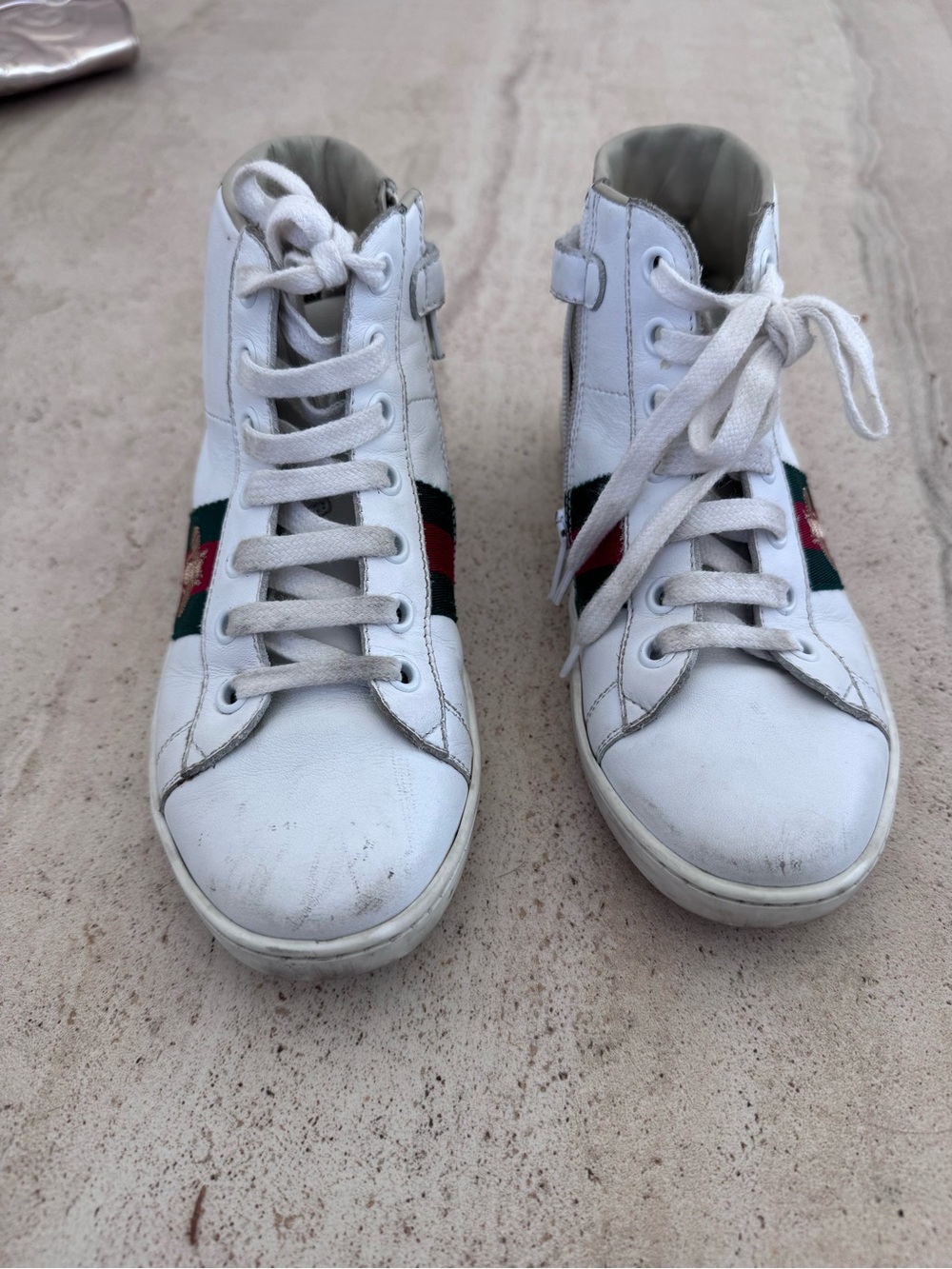Gucci Kids White High-Top Sneakers with Green & Red Web Stripe SIZE 31 (us 13)